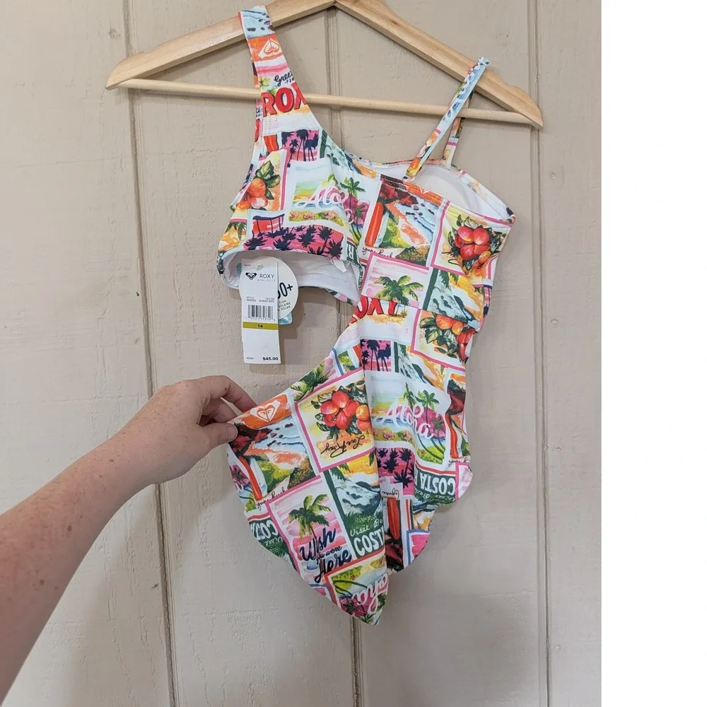 Roxy Girls Tropical‎ Postcard Cutout One Piece Swimsuit One Shoulder Size 14 NWT